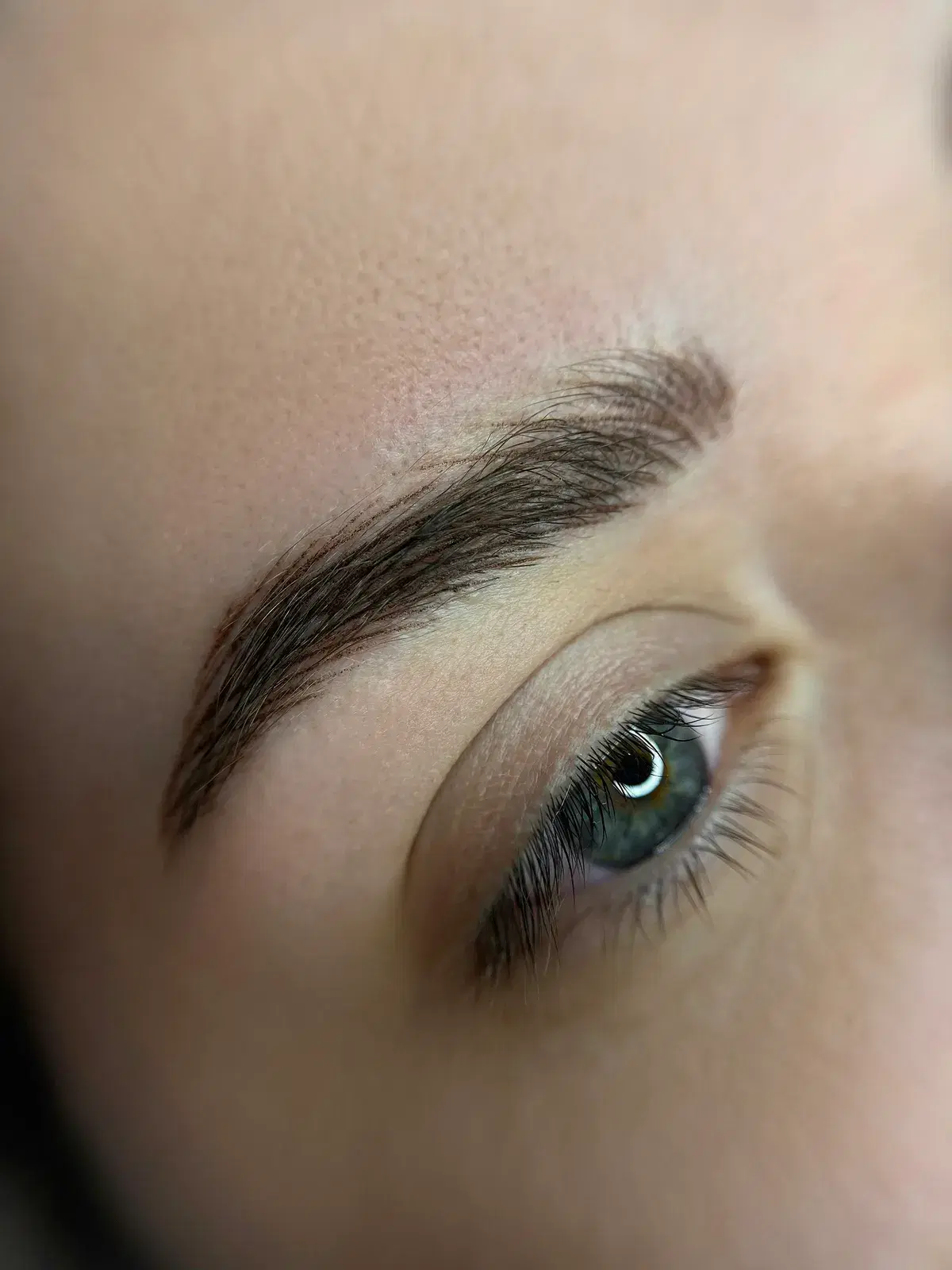 Close-up of a neatly shaped eyebrow above an open eye